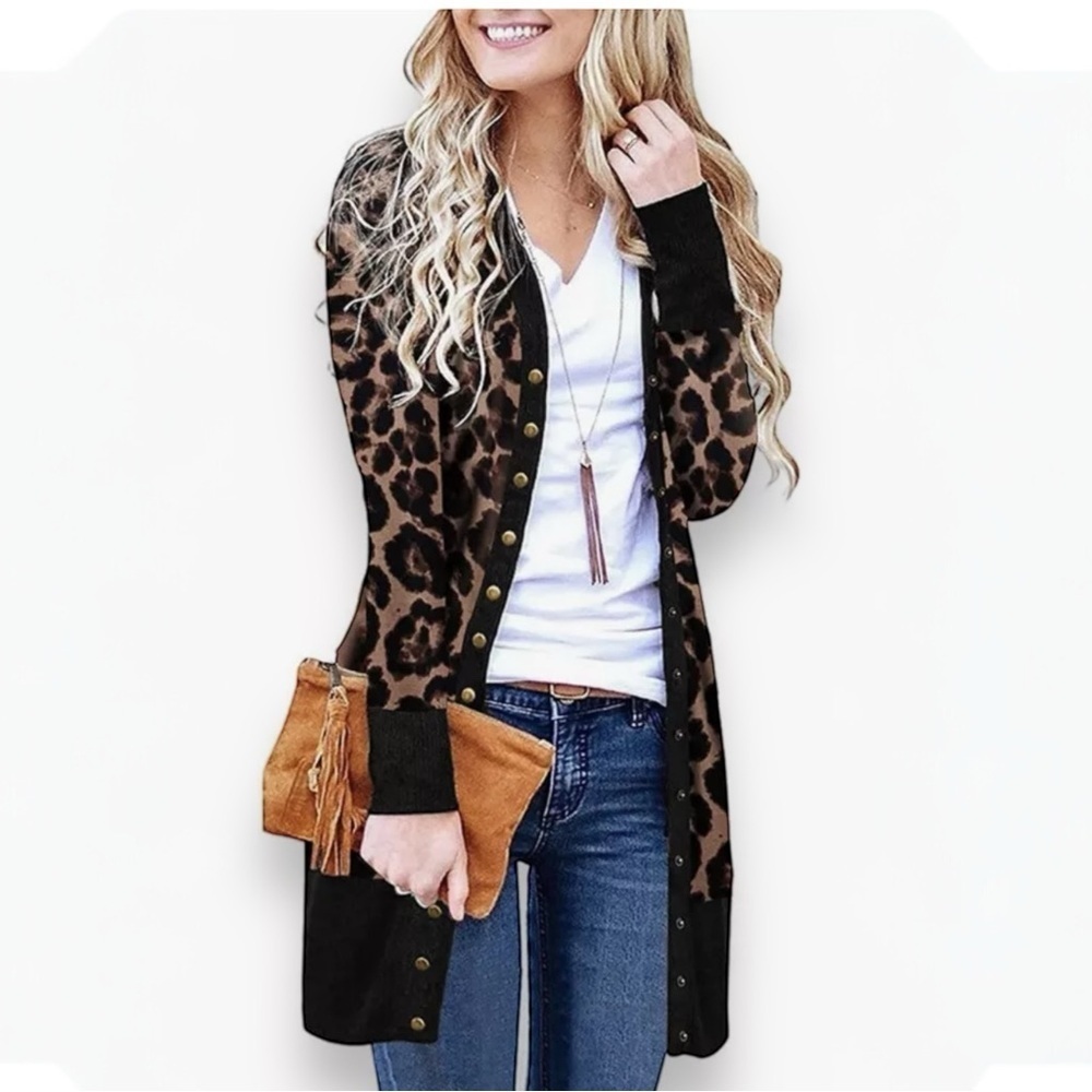 Hailife Size XL Animal Print Long Sleeve Snap Front Cardigan Sweater Coat - Picture 4 of 10